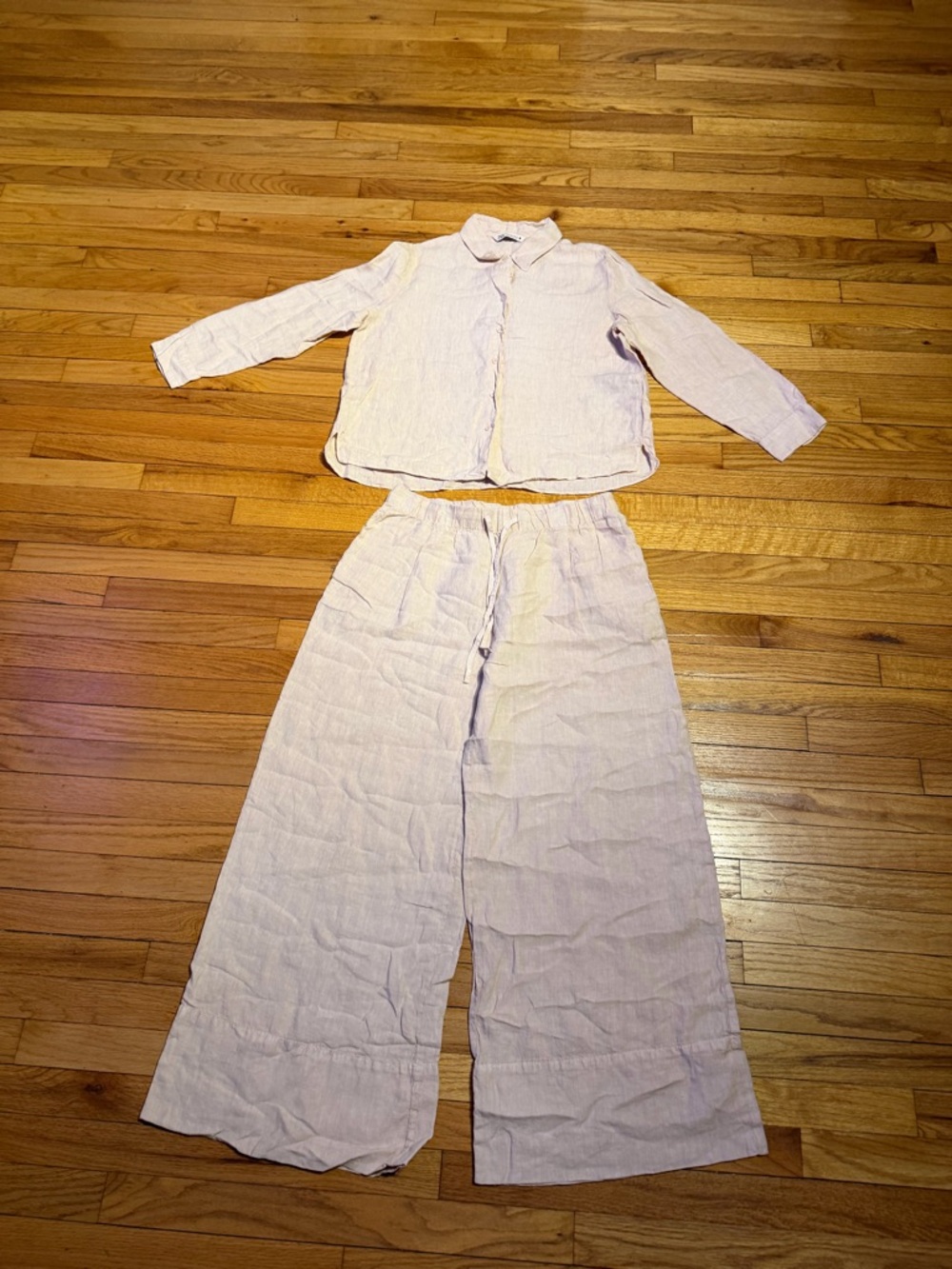 NWOT Zara linen button shirt/trousers lounge matching set wide pants coord
